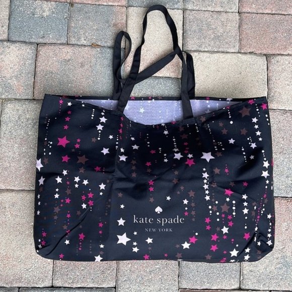 Kate Spade Black Multi Color with Light and Dark Pink Stars Canvas Tote XL - Picture 1 of 16